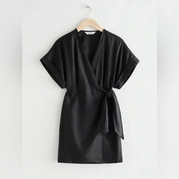 & Other Stories Linen Wrap Mini Dress Black - Picture 6 of 8